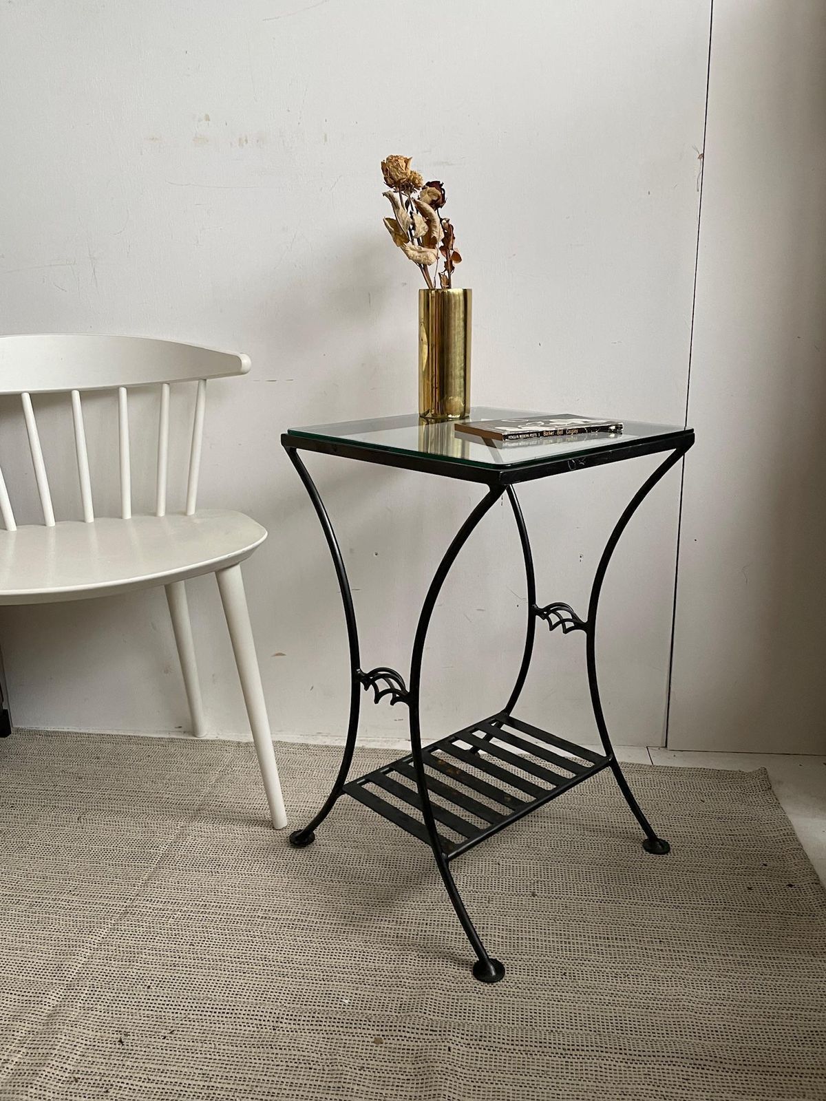 Industrial Wrought Iron Tall Side Table With Glass Top And Curved Legs photo furniture