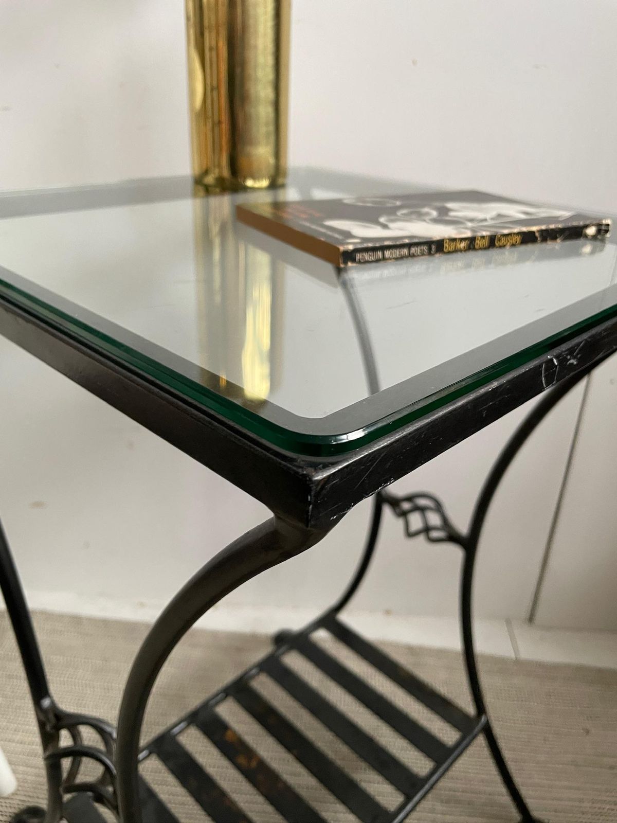 Industrial Wrought Iron Tall Side Table With Glass Top And Curved Legs photo Furniture