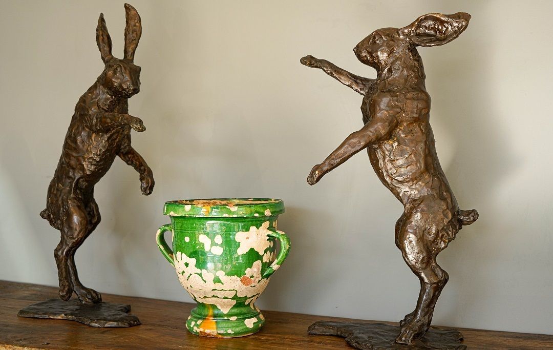 Pair Of Sculptured Boxing Hares In Bronze photo buy