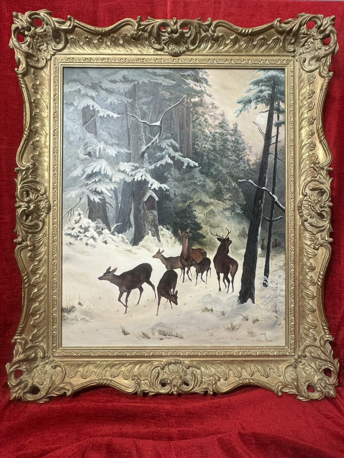 Mid 20th Century 'The Spooking Of The Doe' Winter Scene By Artist J M Wood photo for sale