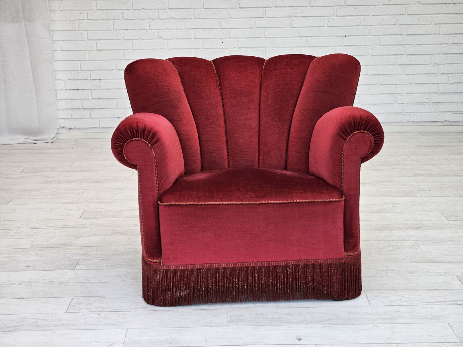 1960s, Danish Relax Armchair, Original Condition, Cherry Red Furniture Velour. photo for sale
