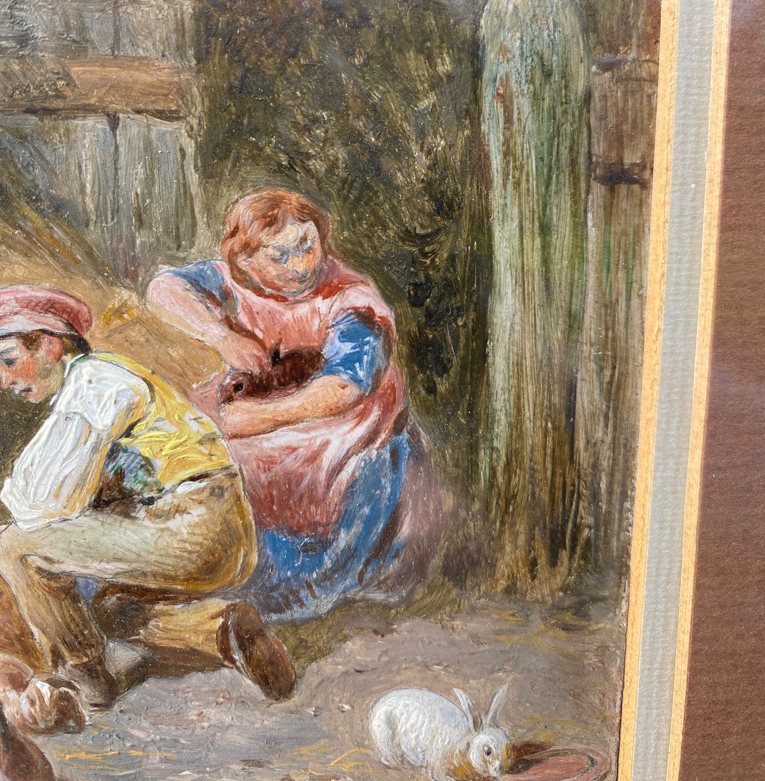 19th Century Oil Painting Tending The Rabbits photo furniture