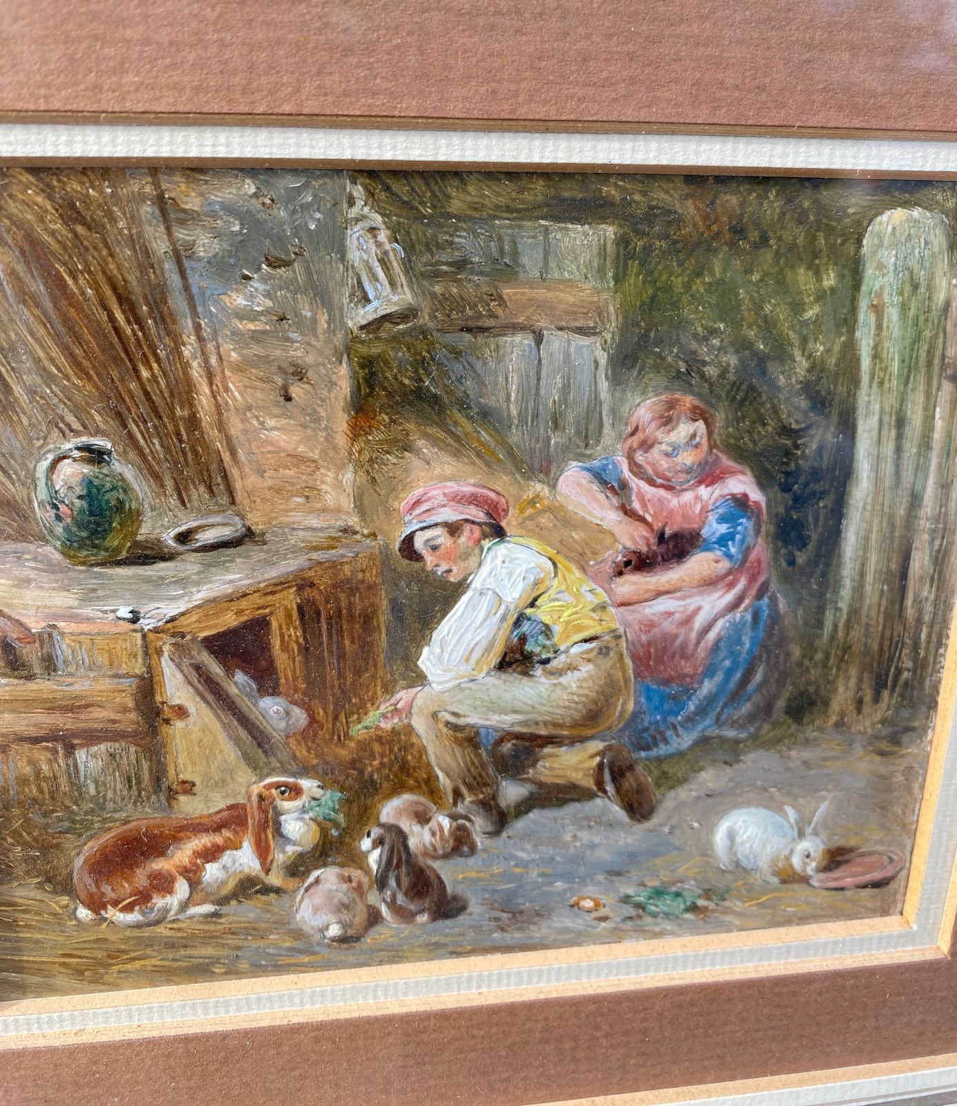 19th Century Oil Painting Tending The Rabbits photo for sale