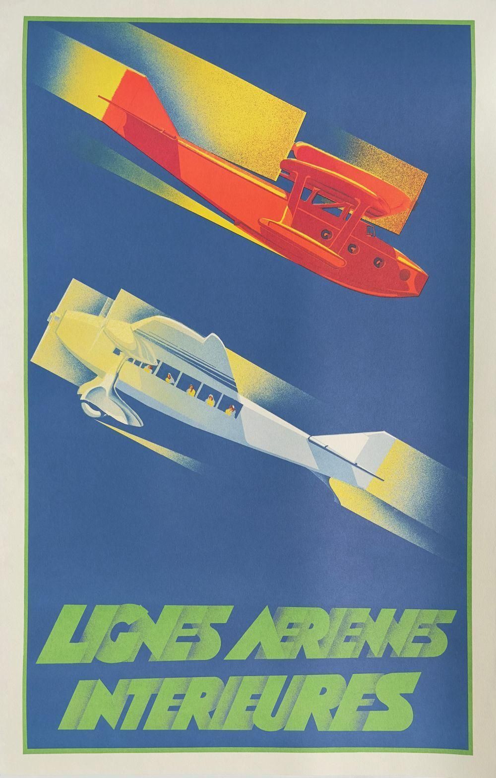 1936 Lignes Aériennes Intérieures Art Deco Aviation Poster Lithograph Reissue photo furniture