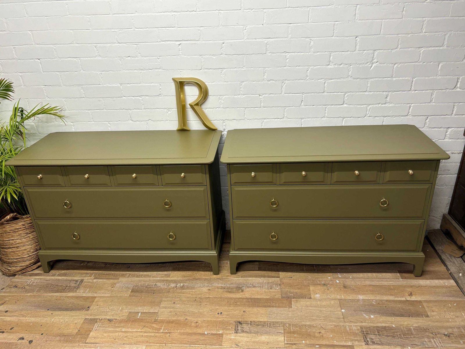 Stag Minstrel Pair Of 4 Over 2 Chest Of Drawers Painted Sage Green photo for sale