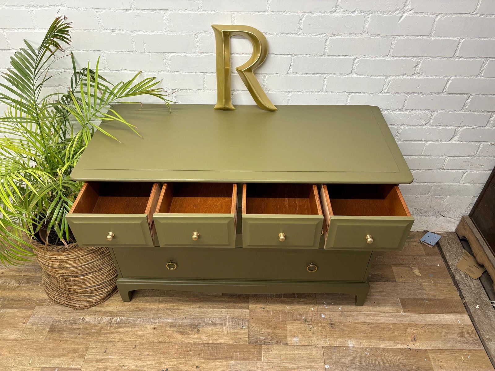 Stag Minstrel Pair Of 4 Over 2 Chest Of Drawers Painted Sage Green photo vintage