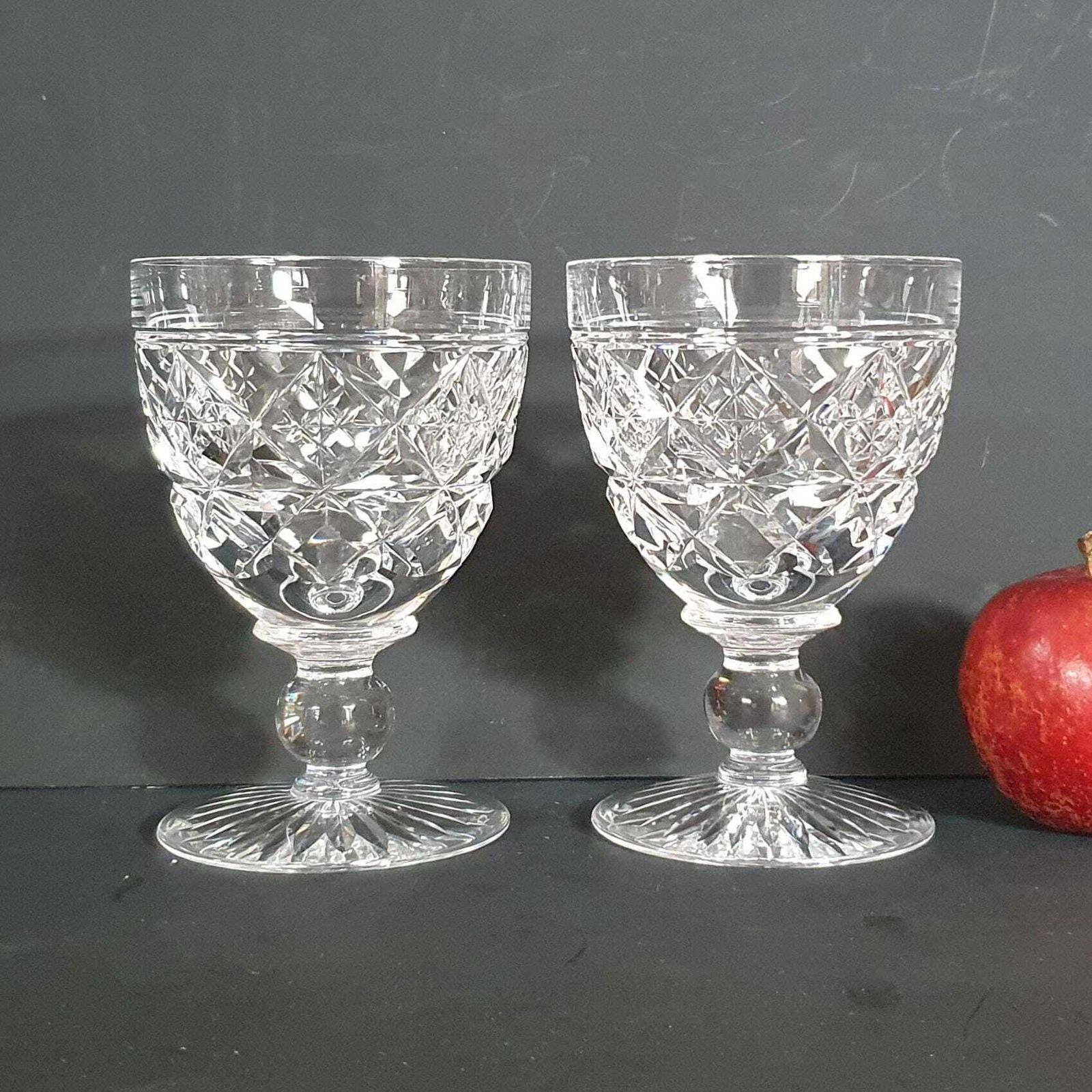 A Pair Of Vintage Stuart Crystal 6fl Oz "Waverley," 5 Inch Wine Or Water Goblets, Signed, 1980s photo for sale
