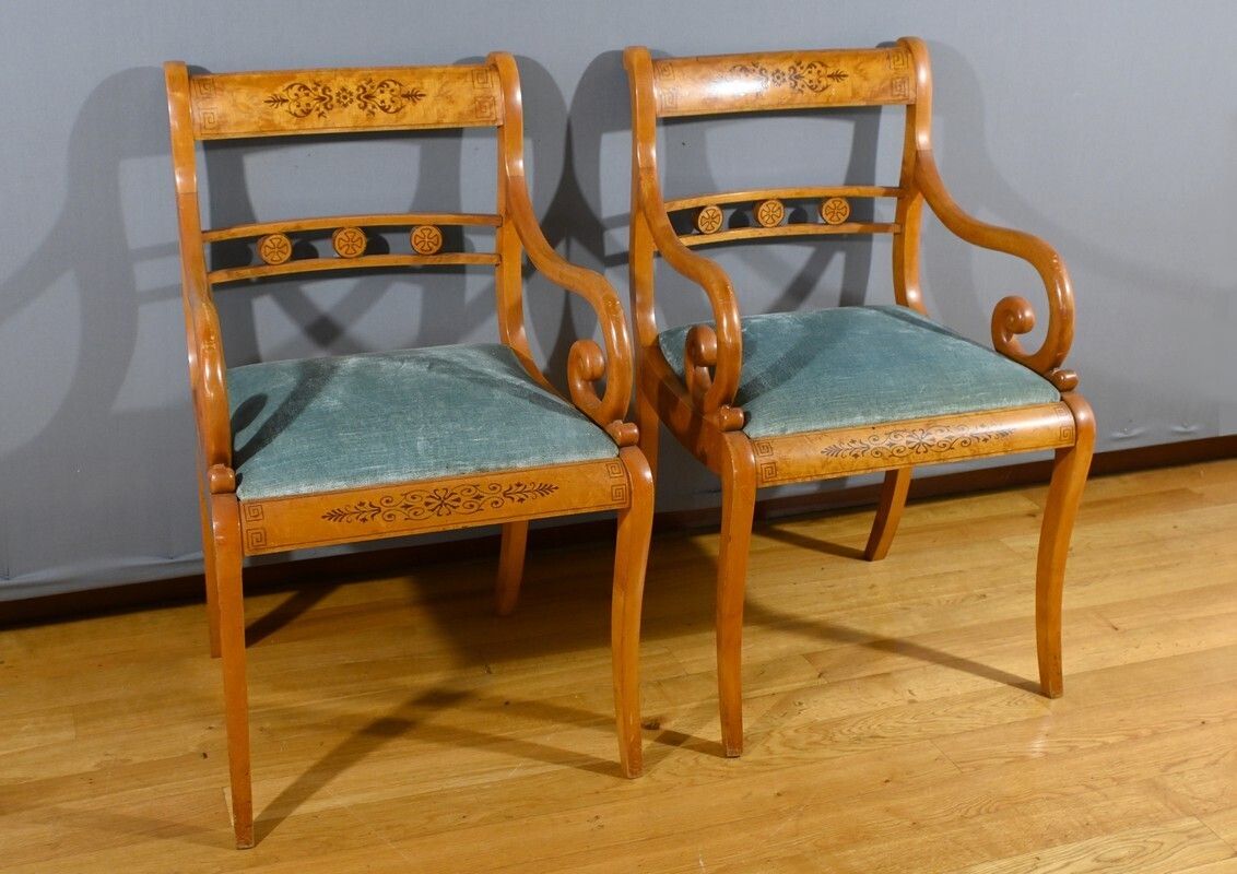 Pair Of Charles X Style Speckled Maple Armchairs – Mid 20th Century photo furniture