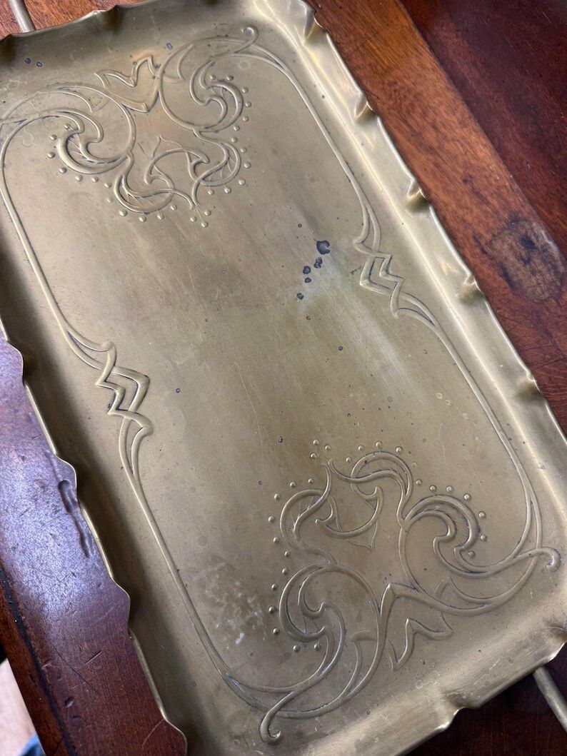 Antique Joseph Sankey Brass Jugs & Tray / Art Nouveau Pair Of Pitchers Vases photo vintage