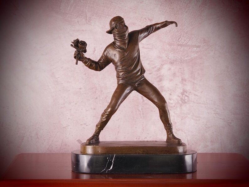 Bronze Banksy Flower Thrower Sculpture: Contemporary Street Art Masterpiece For Modern Home Decor photo furniture