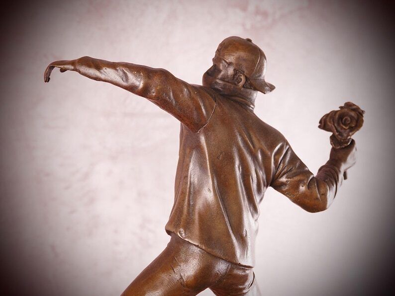 Bronze Banksy Flower Thrower Sculpture: Contemporary Street Art Masterpiece For Modern Home Decor photo vinterior