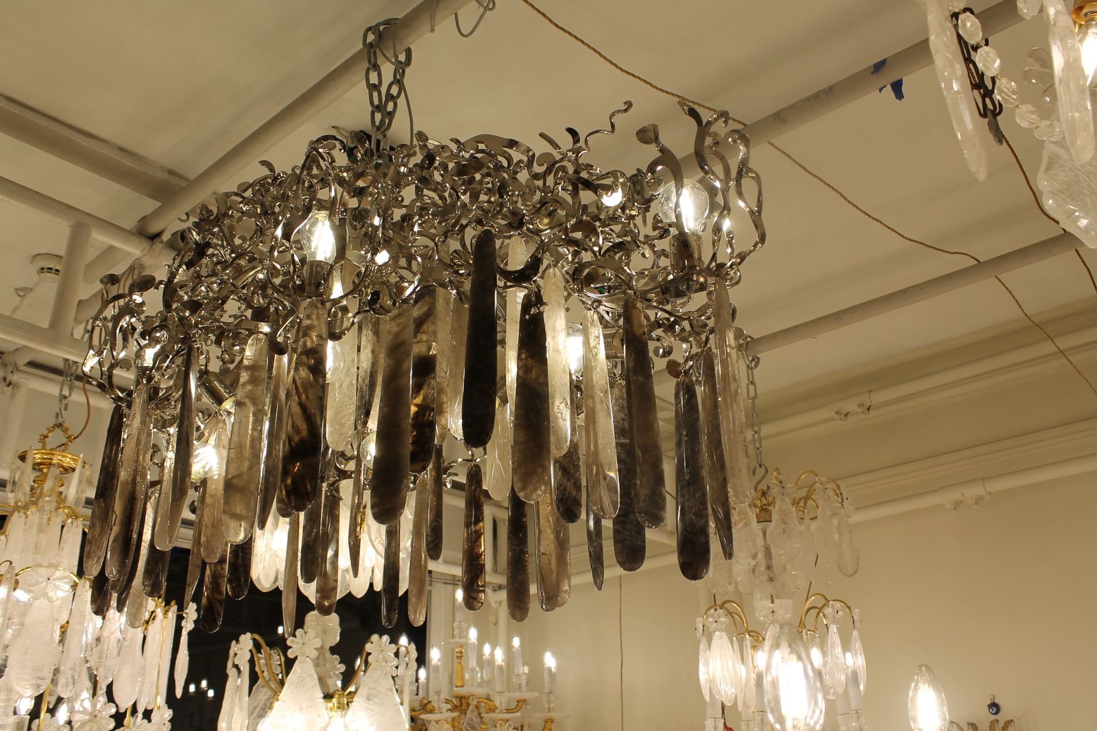 A Unique Hand Made Chandelier In Nickel Steel, Smoked & Clear Rock Crystal photo Lighting
