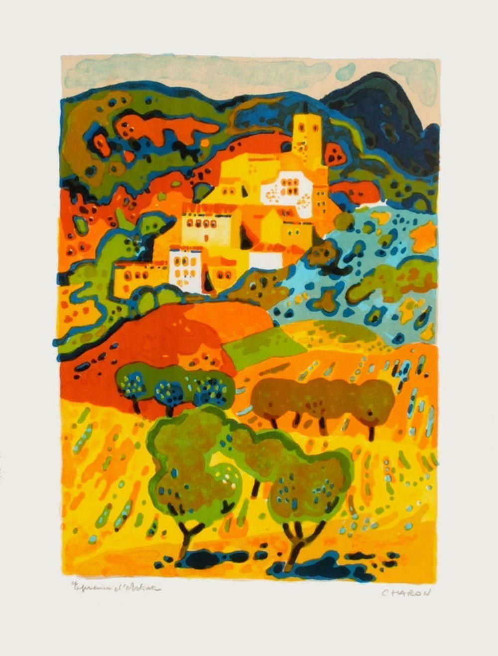 1965 Guy Charon Village Sur La Colline Lithograph photo furniture
