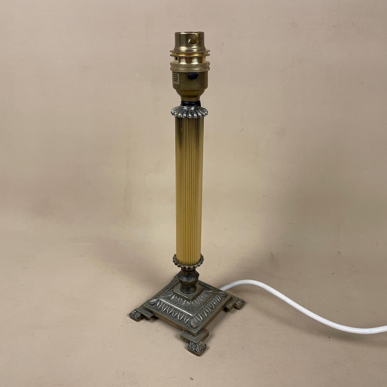 Vintage Metal Gold Brass Lamp Light Bedside Table Ornate Column Pillar Desk Antique Square Base Detail Medium photo furniture