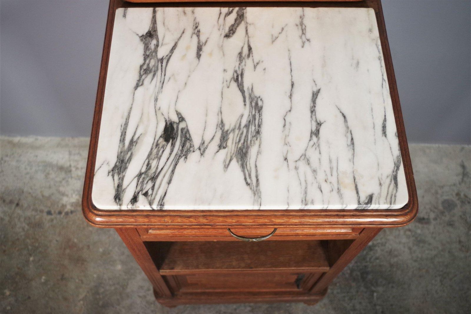 Furniture Vintage 1940s 50s Cherry & Beech Wood Nightstand With Marble Top – Italian Mid C photo