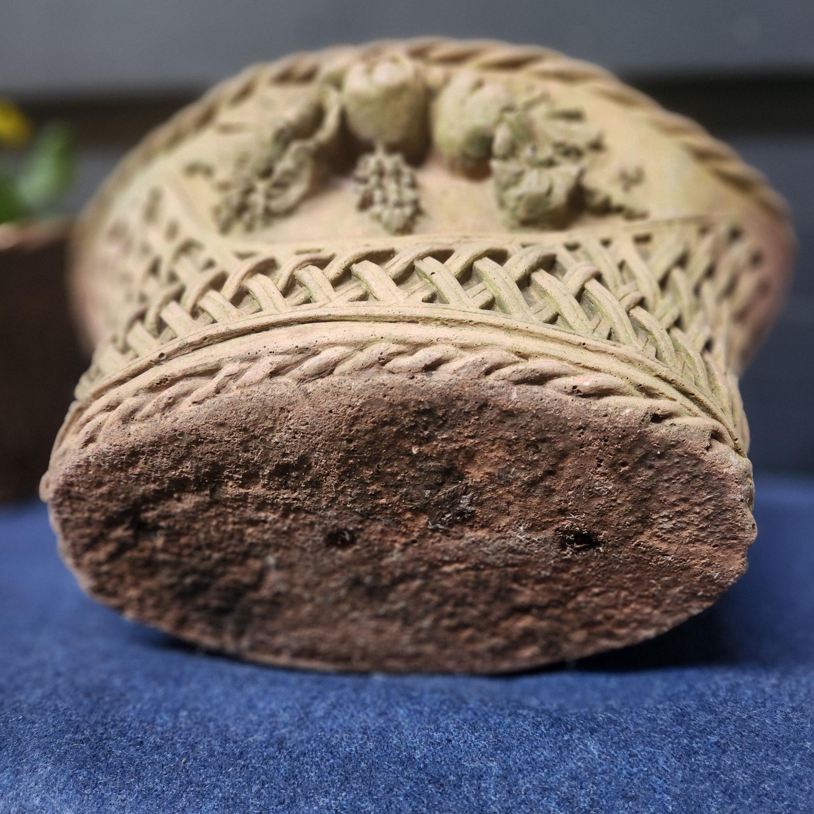 Pair Ornate Weathered Terracotta Basket Weave Style Planters photo vinterior