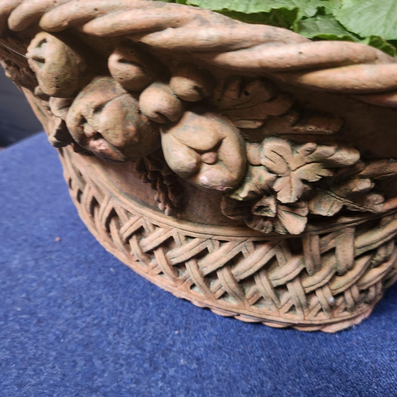 photo furniture Pair Ornate Weathered Terracotta Basket Weave Style Planters