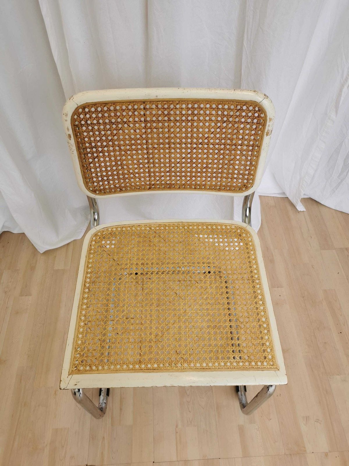 Vintage White Cesca Chair With Cane Seat And Backrest / 1970s Marcel Breuer Tubular Chrome Base / Mid Century Dine Office Chair With Patina photo furniture