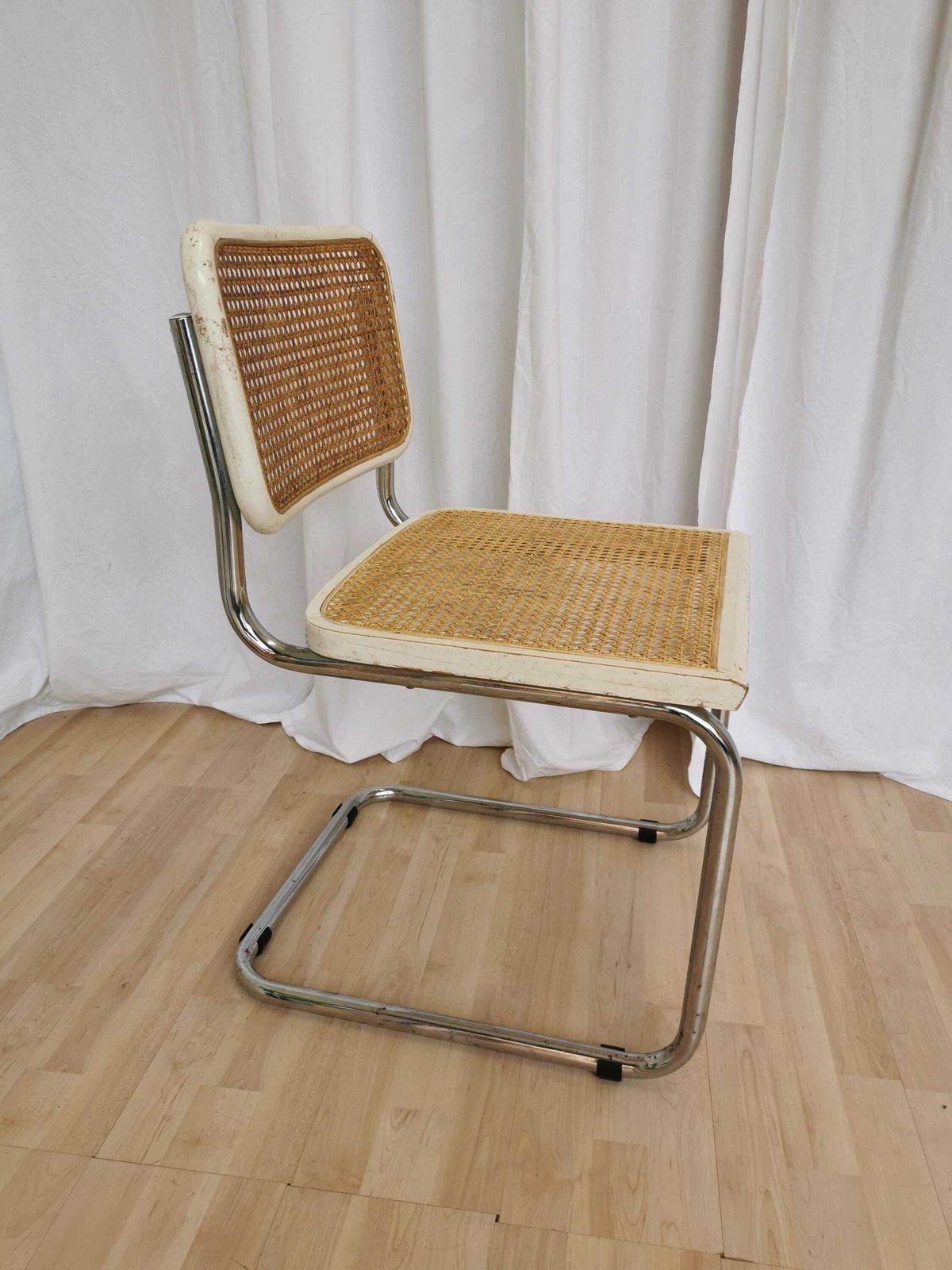 Vintage White Cesca Chair With Cane Seat And Backrest / 1970s Marcel Breuer Tubular Chrome Base / Mid Century Dine Office Chair With Patina photo for sale