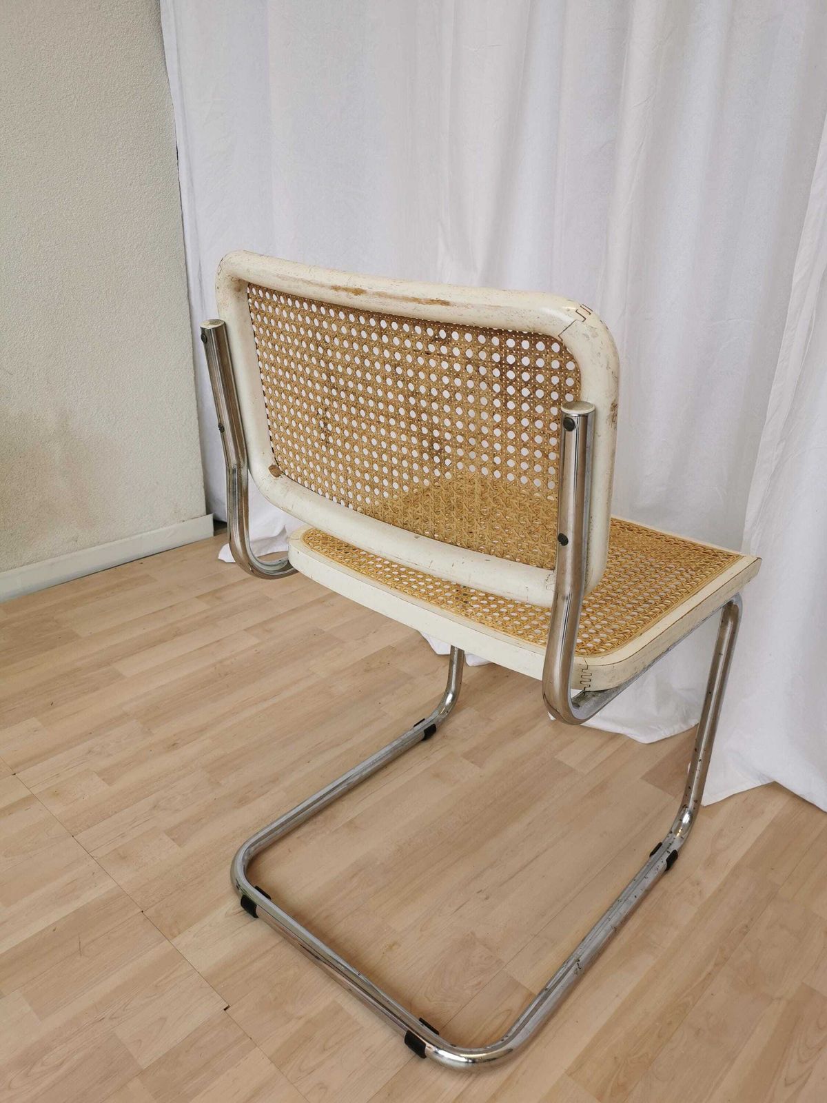 Vintage White Cesca Chair With Cane Seat And Backrest / 1970s Marcel Breuer Tubular Chrome Base / Mid Century Dine Office Chair With Patina photo Furniture