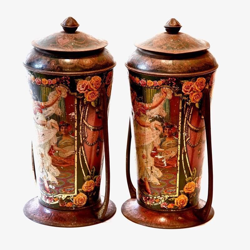 Pair Of 19th C. Printed Tole Tea Urns  Indian Dancers From The Victorian Era photo Home Decor