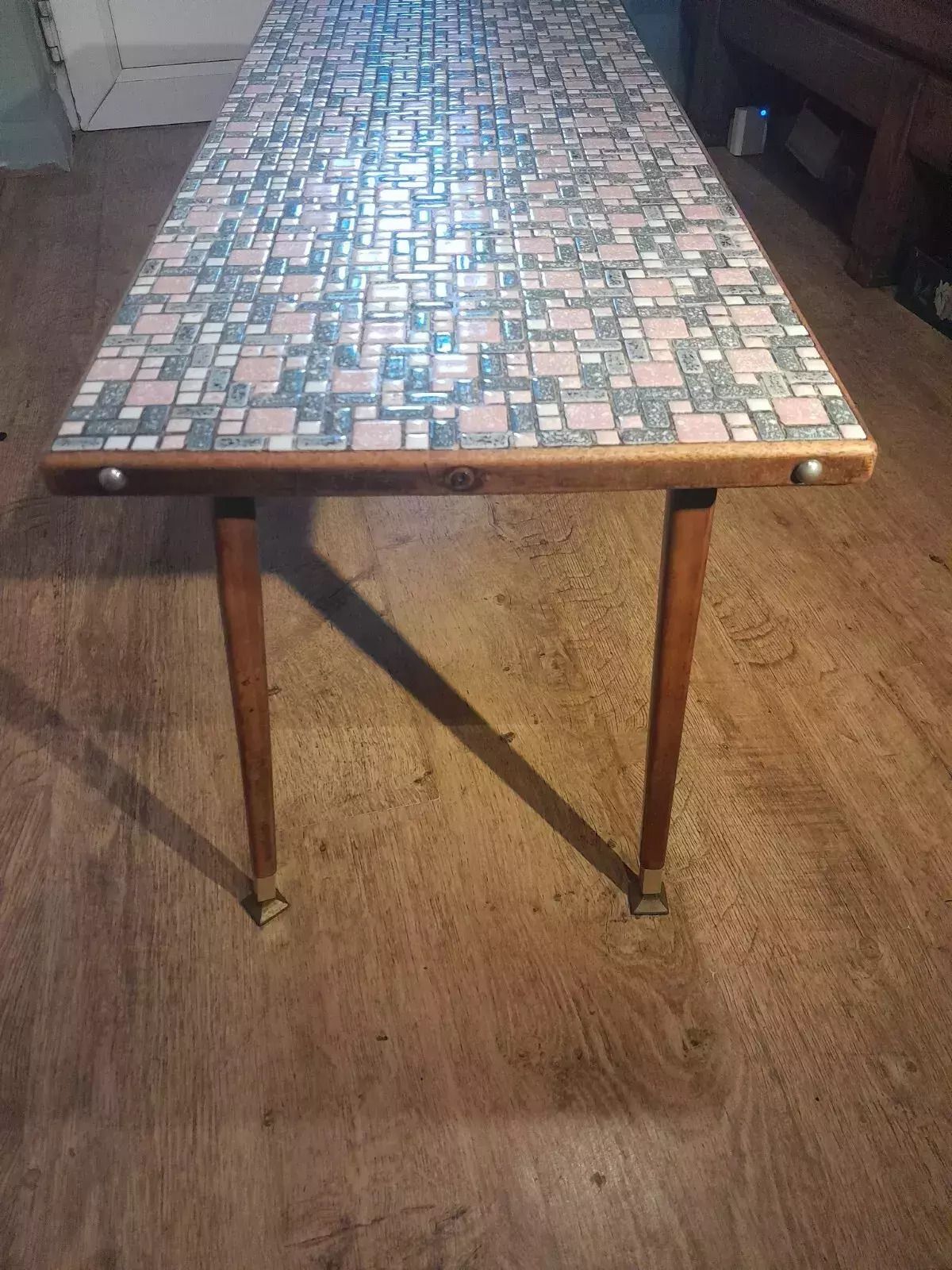 Mid Century Modern 1950s Teak Coffee Table With Tile Top And Brass Feet photo furniture
