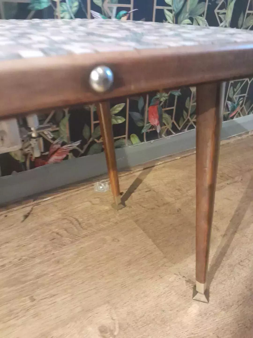 Furniture Mid Century Modern 1950s Teak Coffee Table With Tile Top And Brass Feet photo