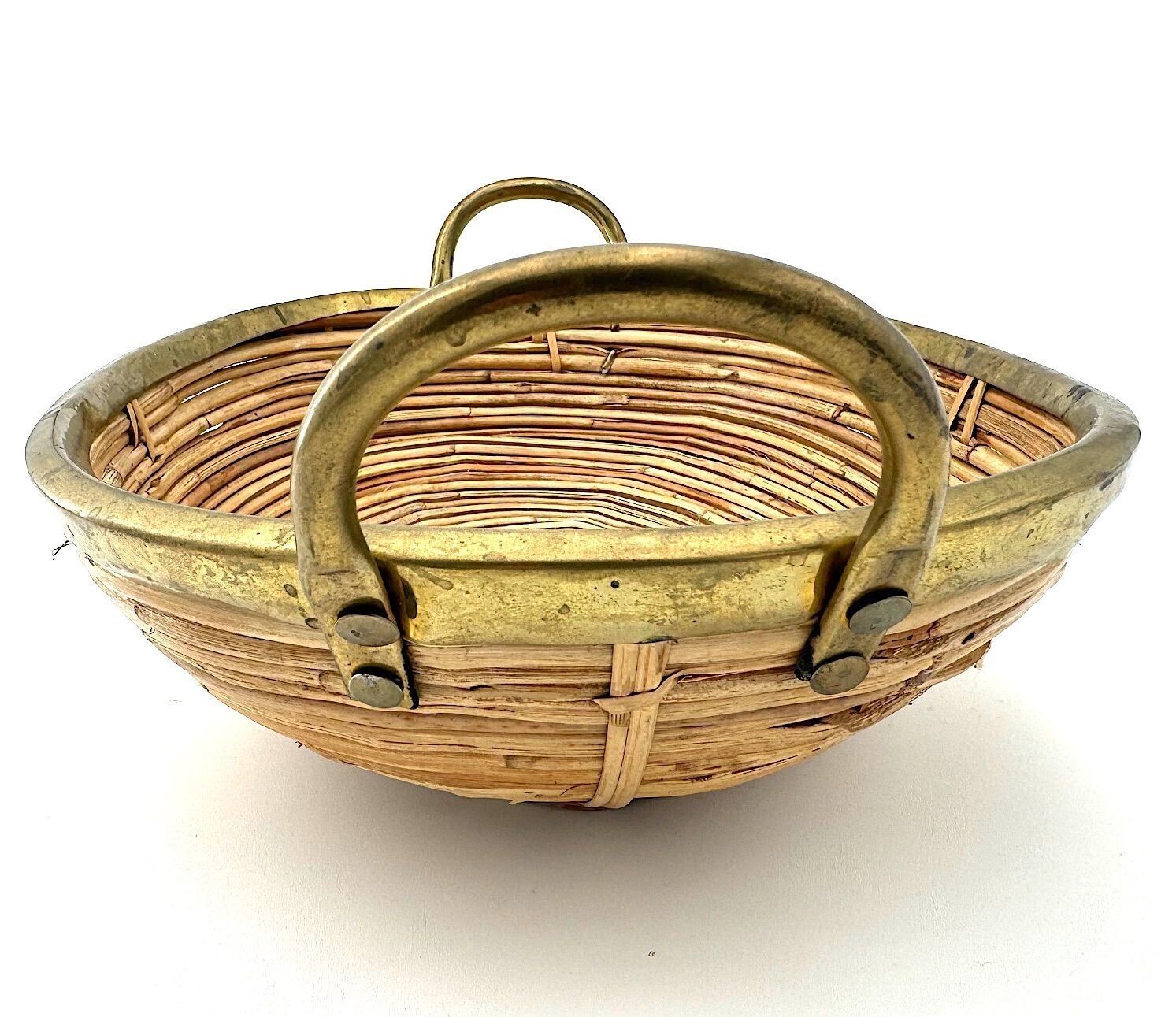 An Italian 1970s Gabriella Crespi Style Woven Bamboo And Brass Two Handled Basket photo buy
