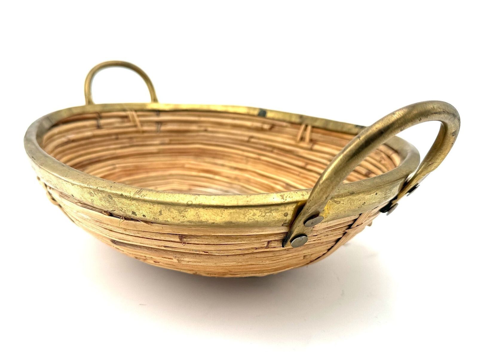 Home Decor An Italian 1970s Gabriella Crespi Style Woven Bamboo And Brass Two Handled Basket photo