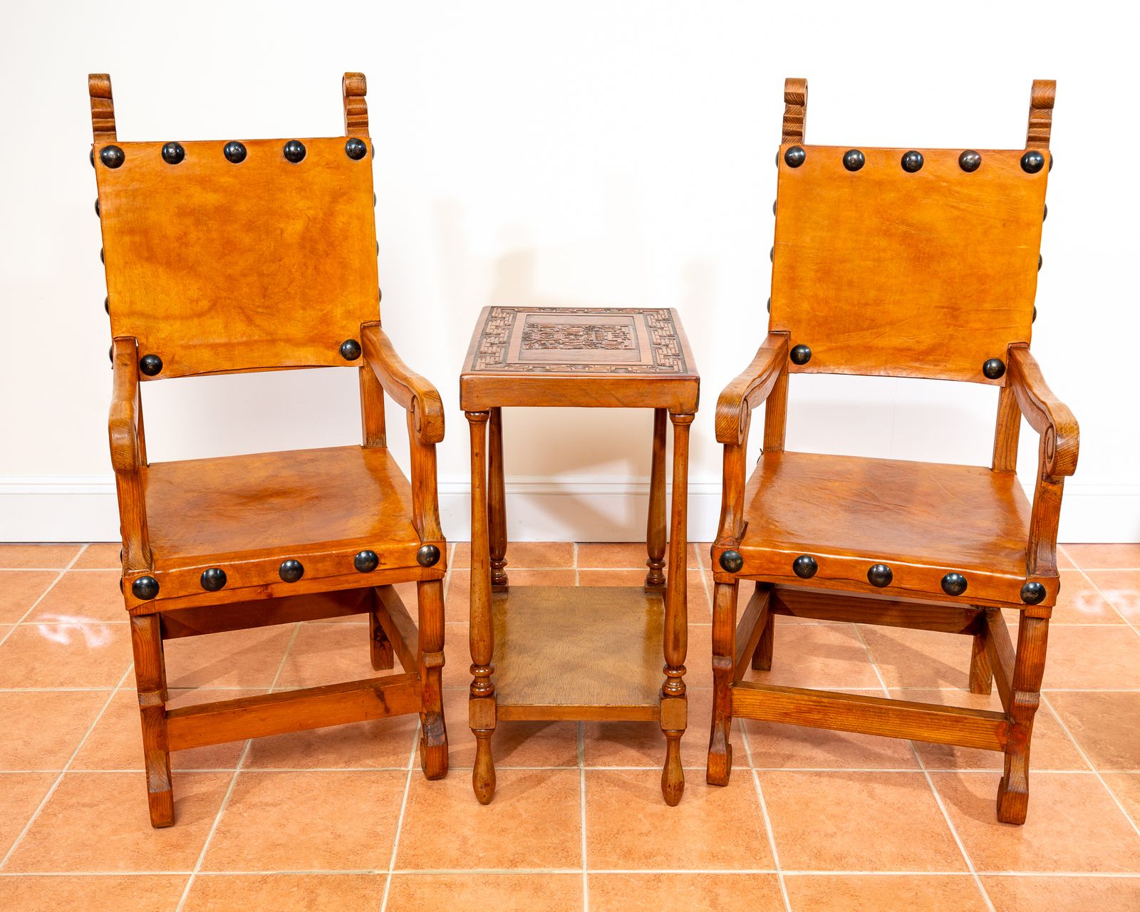 photo vinterior Embossed Leather End Side Table Peruvian 1960s Mid Century Geometric Tooled Leather Viracocha Peru Leather Mexican Aztec Mcm