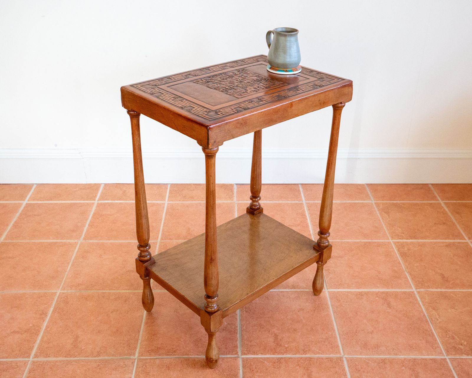 850.0 Embossed Leather End Side Table Peruvian 1960s Mid Century Geometric Tooled Leather Viracocha Peru Leather Mexican Aztec Mcm photo