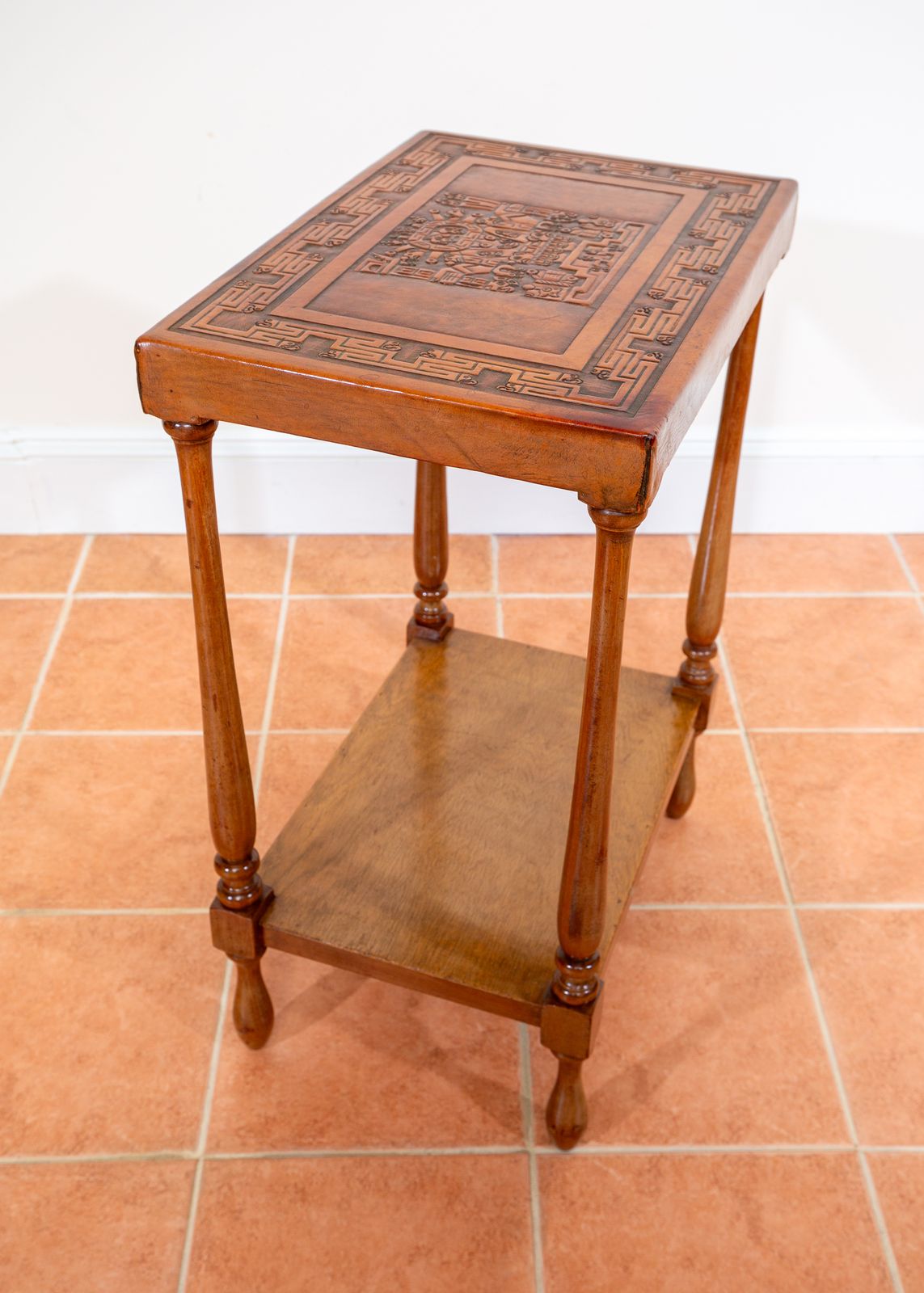 photo furniture Embossed Leather End Side Table Peruvian 1960s Mid Century Geometric Tooled Leather Viracocha Peru Leather Mexican Aztec Mcm