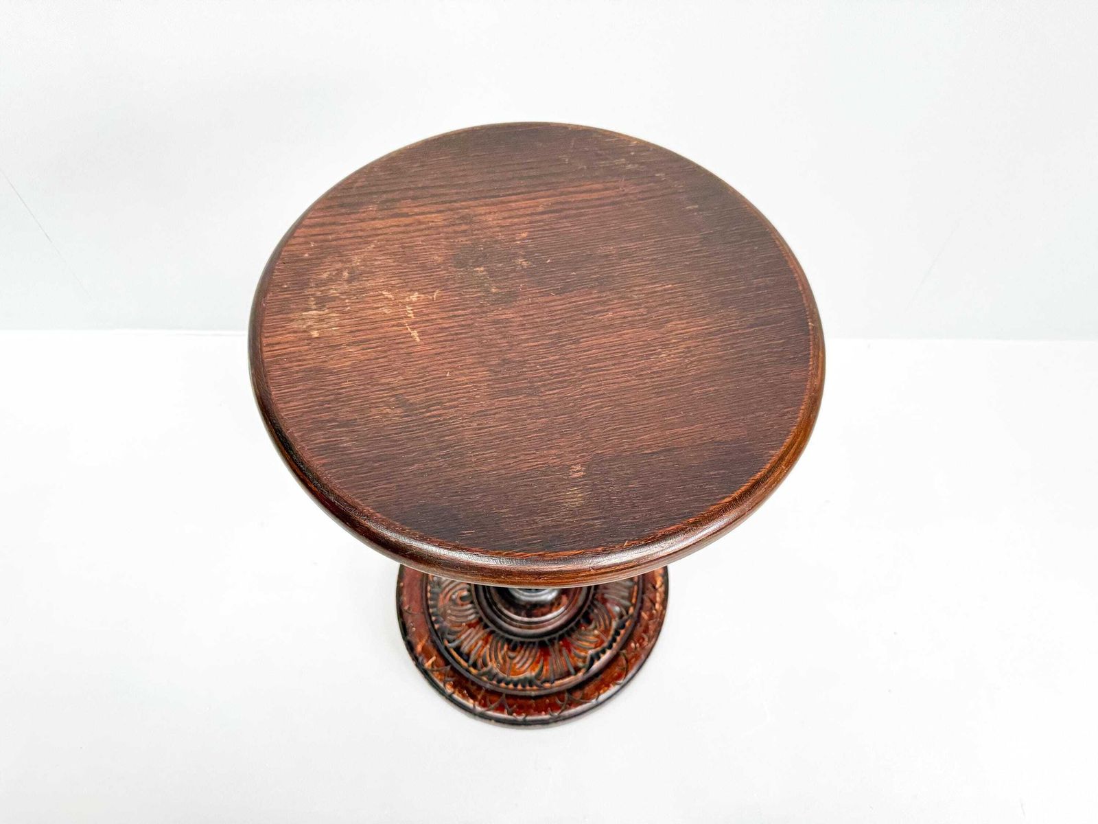 Vintage Wooden Pedestal Side Table | Plant Stand With Carved Decor photo Furniture