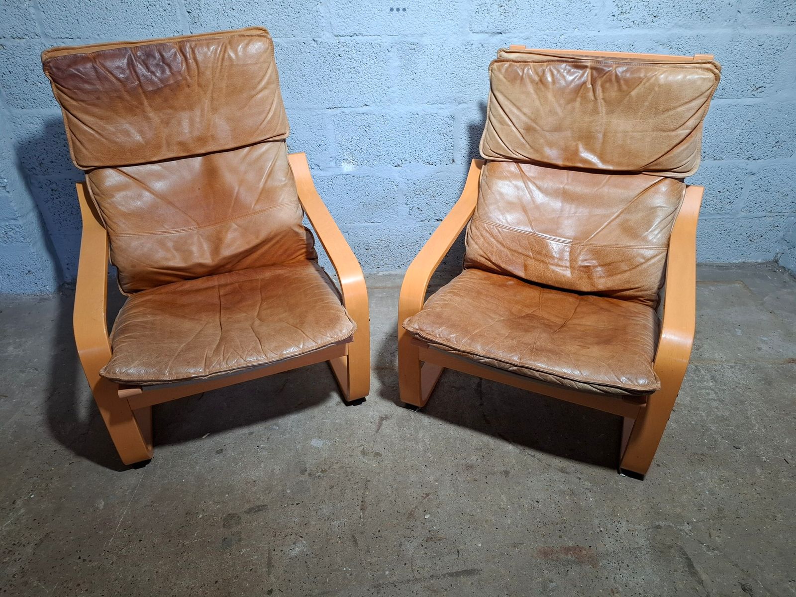 photo furniture Pair Vintage Cognac Leather Poang Armchairs By Noboru Nakamura