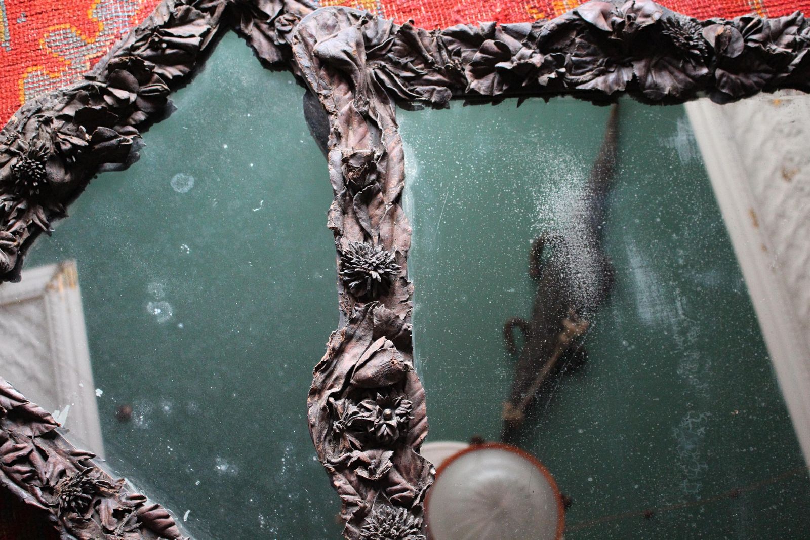 19th Century Pair Of French Chateau Leather Appliqué Floral Mercury Wall Mirrors photo furniture