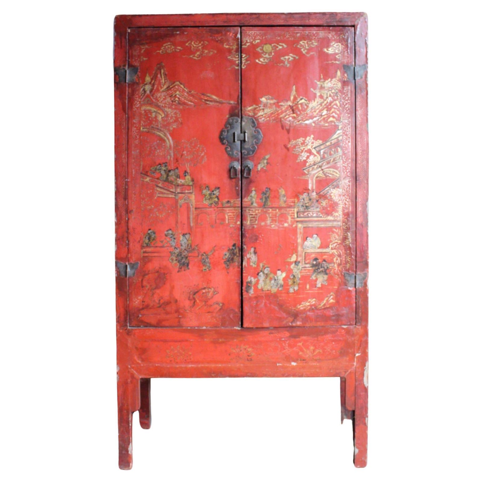 19th C English Country House Scarlet Red Chinoiserie Lacquered Cabinet Armoire