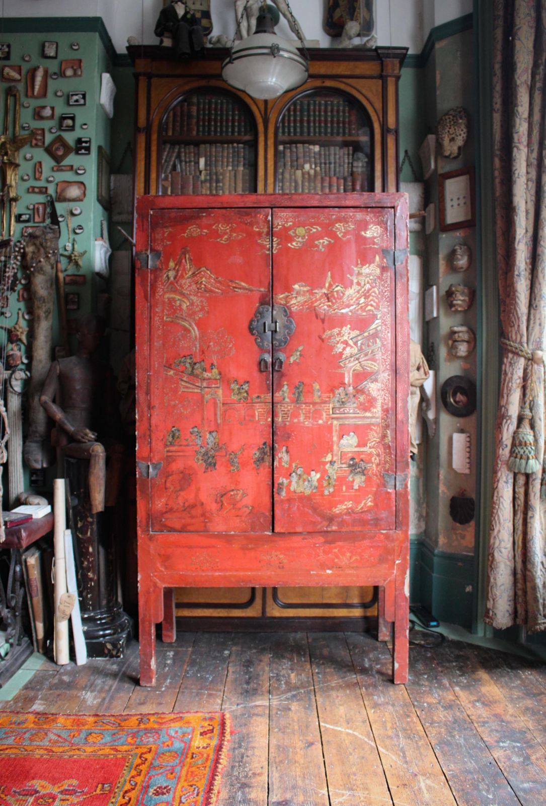 19th C English Country House Scarlet Red Chinoiserie Lacquered Cabinet Armoire photo 2979.0