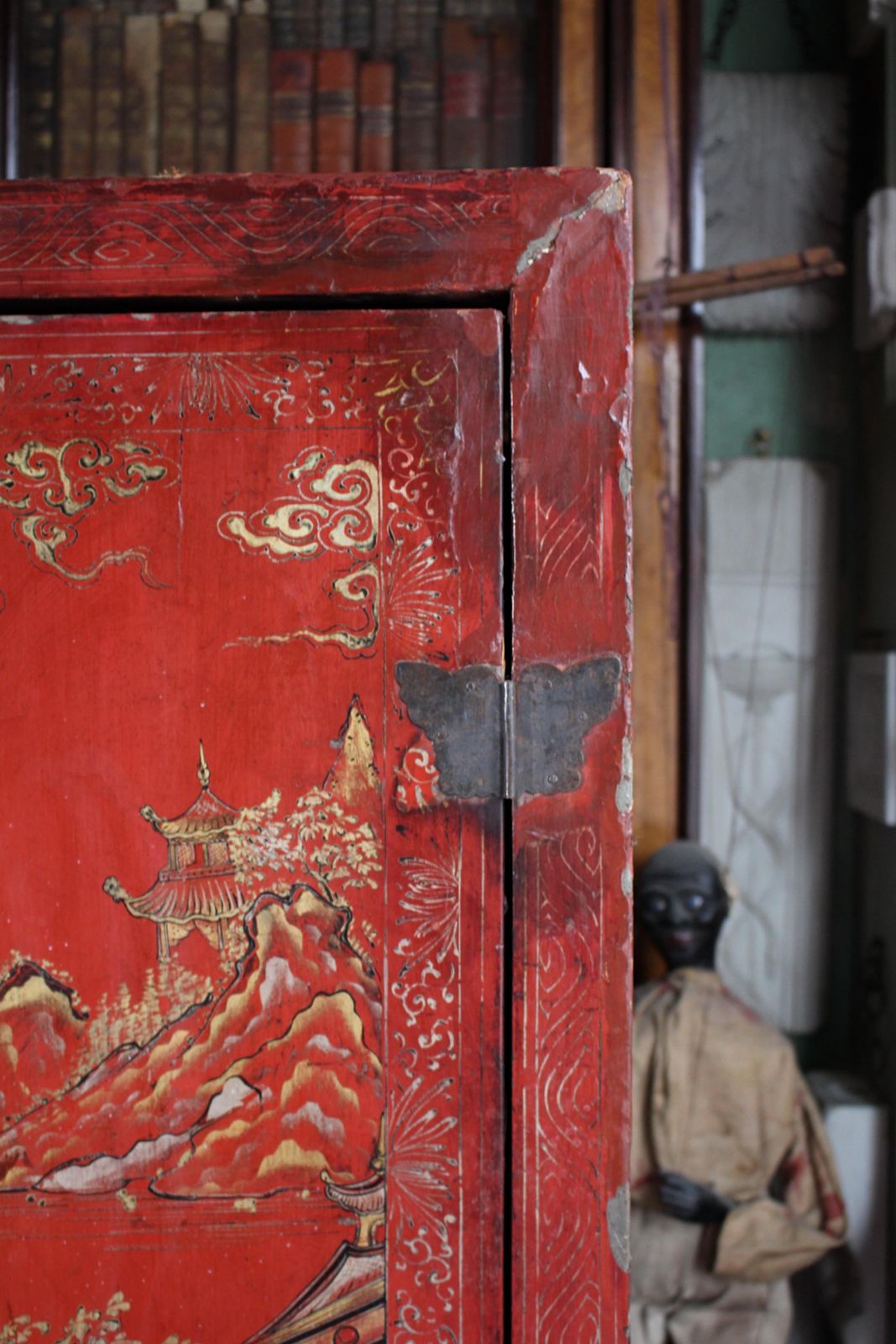 19th C English Country House Scarlet Red Chinoiserie Lacquered Cabinet Armoire photo vintage