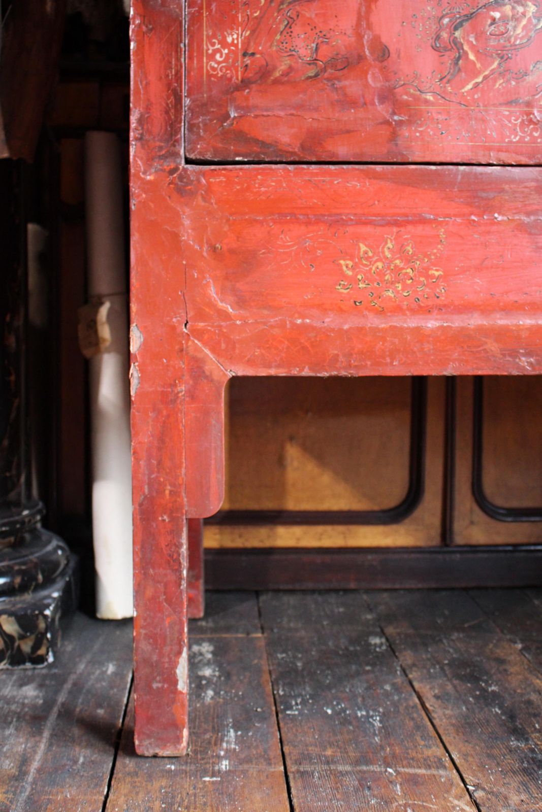 photo for sale 19th C English Country House Scarlet Red Chinoiserie Lacquered Cabinet Armoire