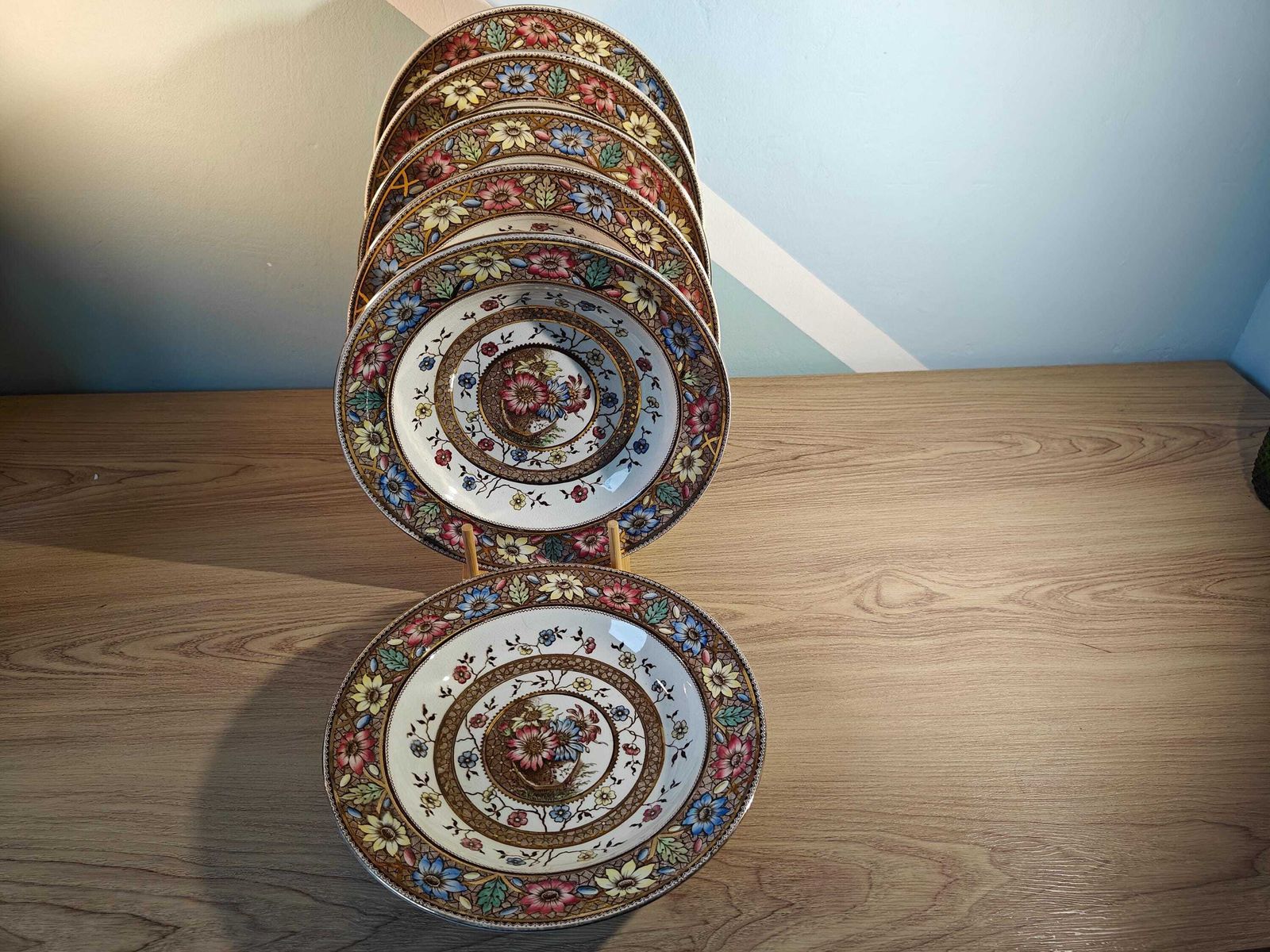 Victorian Rainbow Sunflower Palmyra Pattern Soup Bowls   19th Century Floral Gilt Plates   Sampson Hancock photo for sale