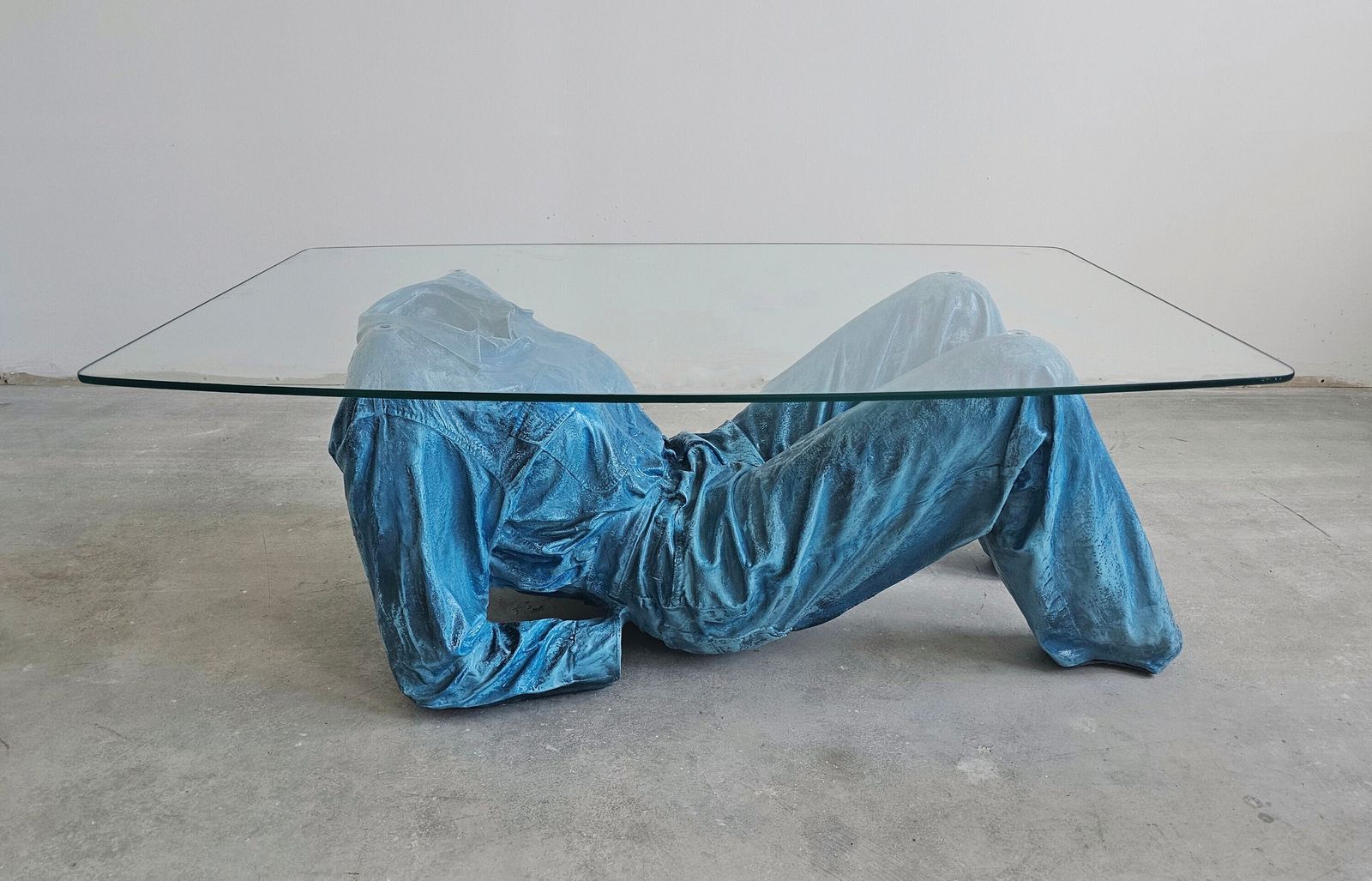 Jeanne Pierre Picheny Inspired Pop Art Blue Jeans Coffee Table, Done In Resin With The Glass Top // Made In France In 1980s photo furniture