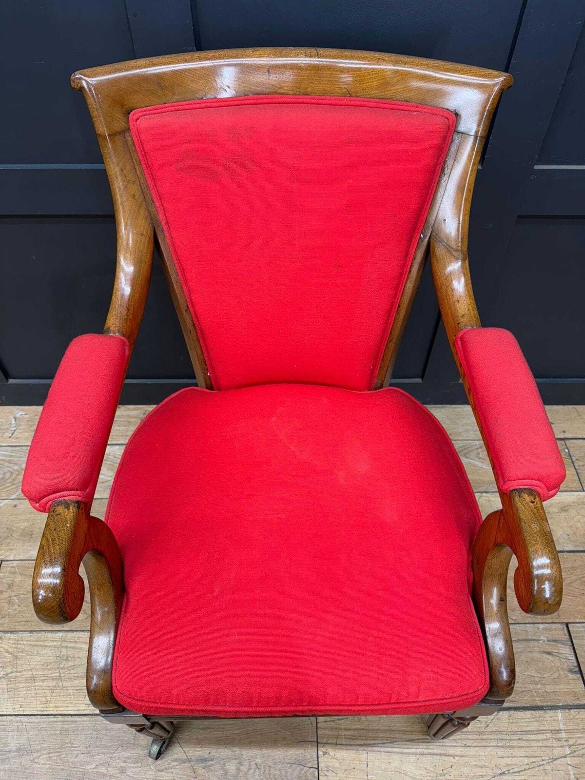Antique Mahogany Armchair / Red Upholstered Chair / Victorian Empire Armchair photo for sale