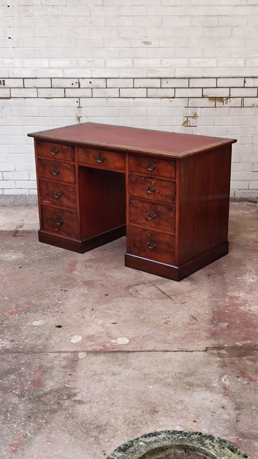 Antique Victorian Burr Walnut Leather Top Work Office Pedestal Desk