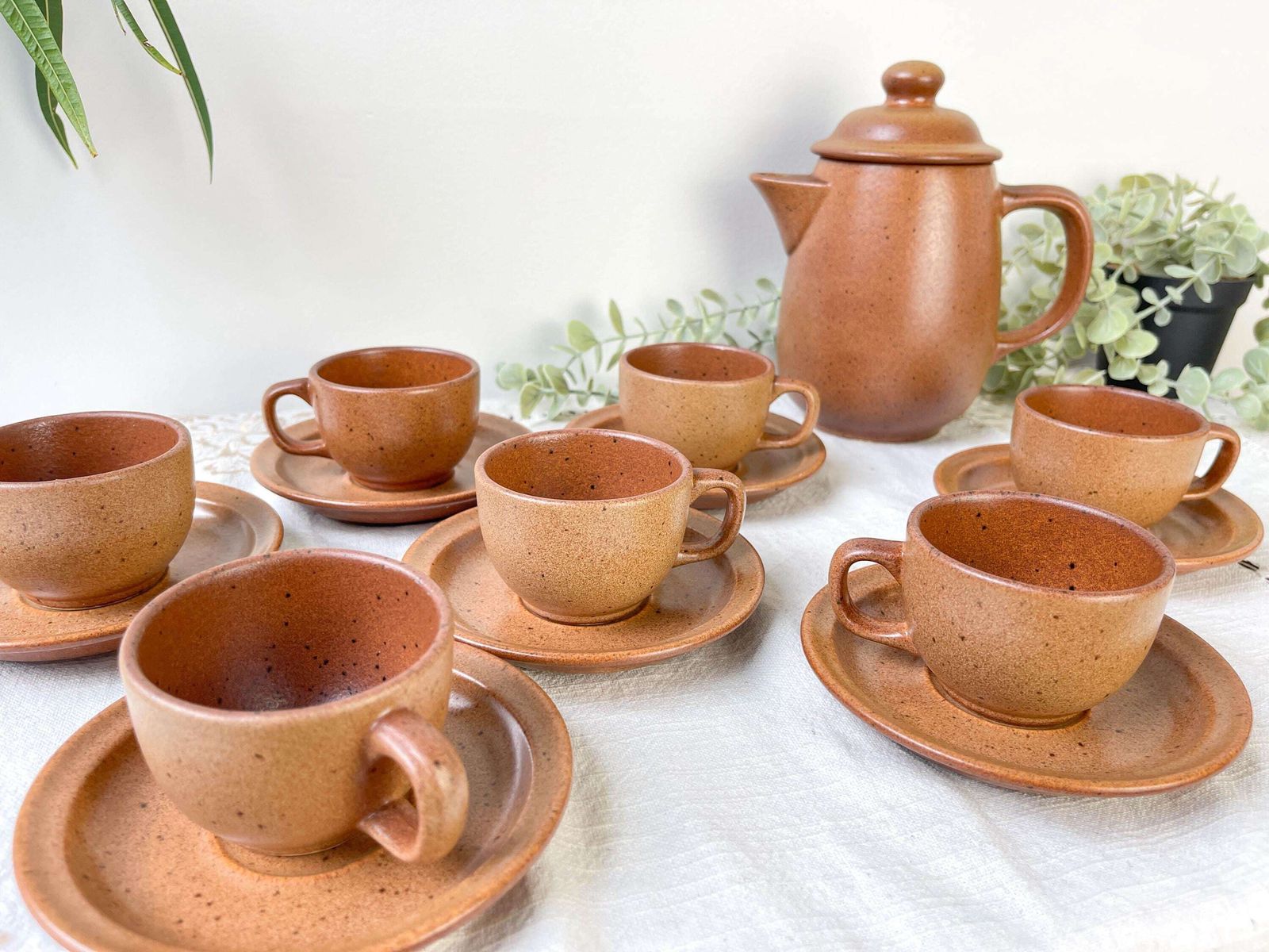 Vintage Speckled Stoneware Coffee Set Sarreguemines France 1950s   Vintage Stoneware Coffee Cups   Vintage Stoneware Teapot photo furniture