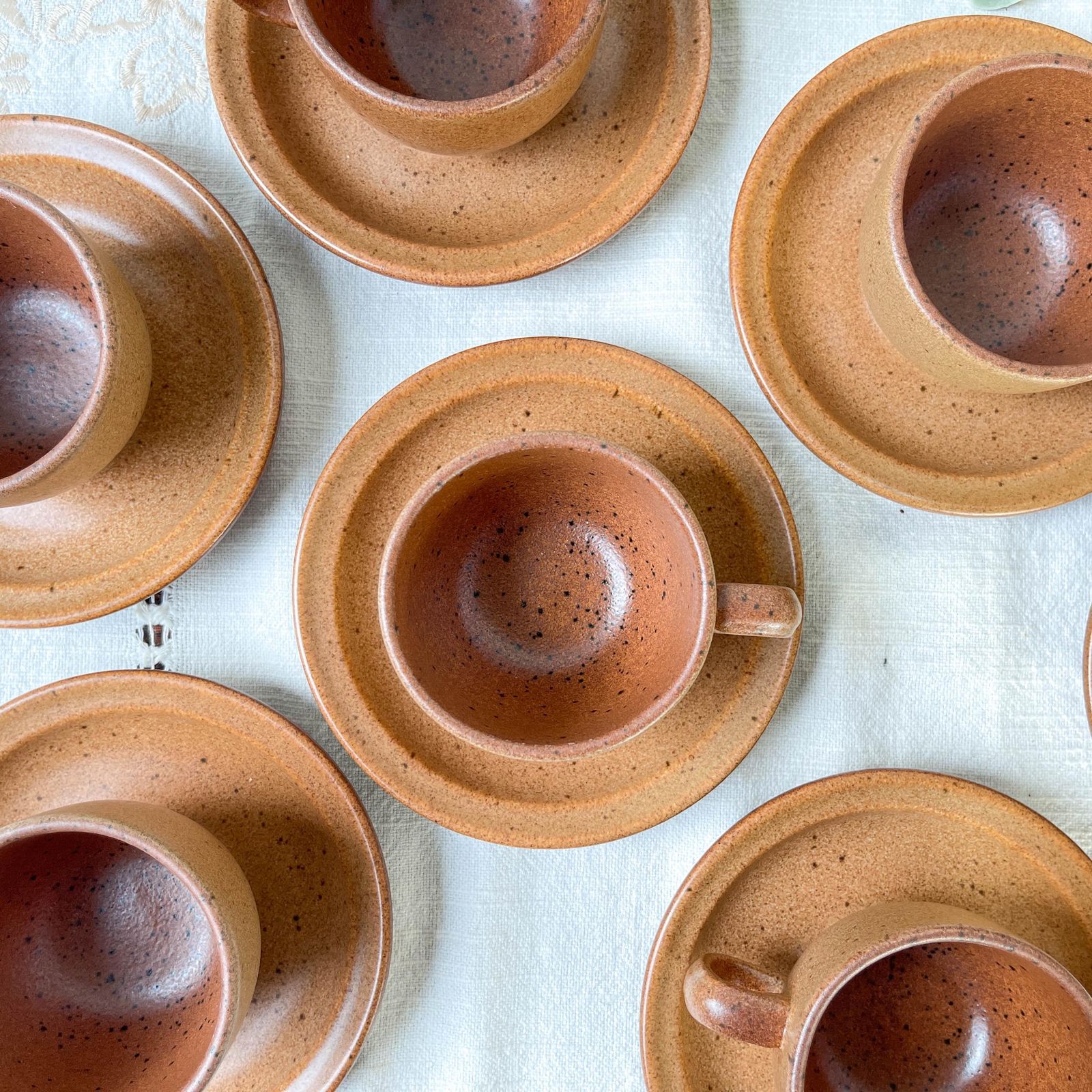 Vintage Speckled Stoneware Coffee Set Sarreguemines France 1950s   Vintage Stoneware Coffee Cups   Vintage Stoneware Teapot photo vinterior