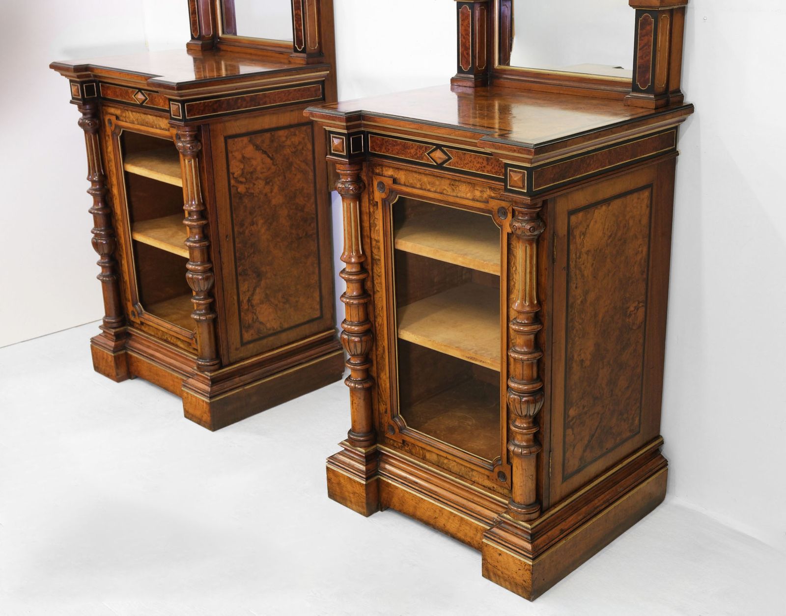 Pair Of Gillows Burr Walnut, Amboyna & Parcel Gilt Cabinets With Mirrors photo buy