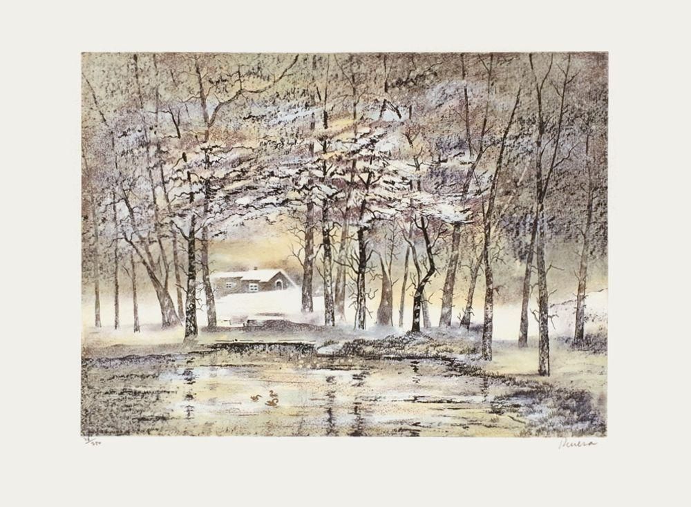 Lithographie Chaumière Sous La Neige par Antonio Rivera, 1990