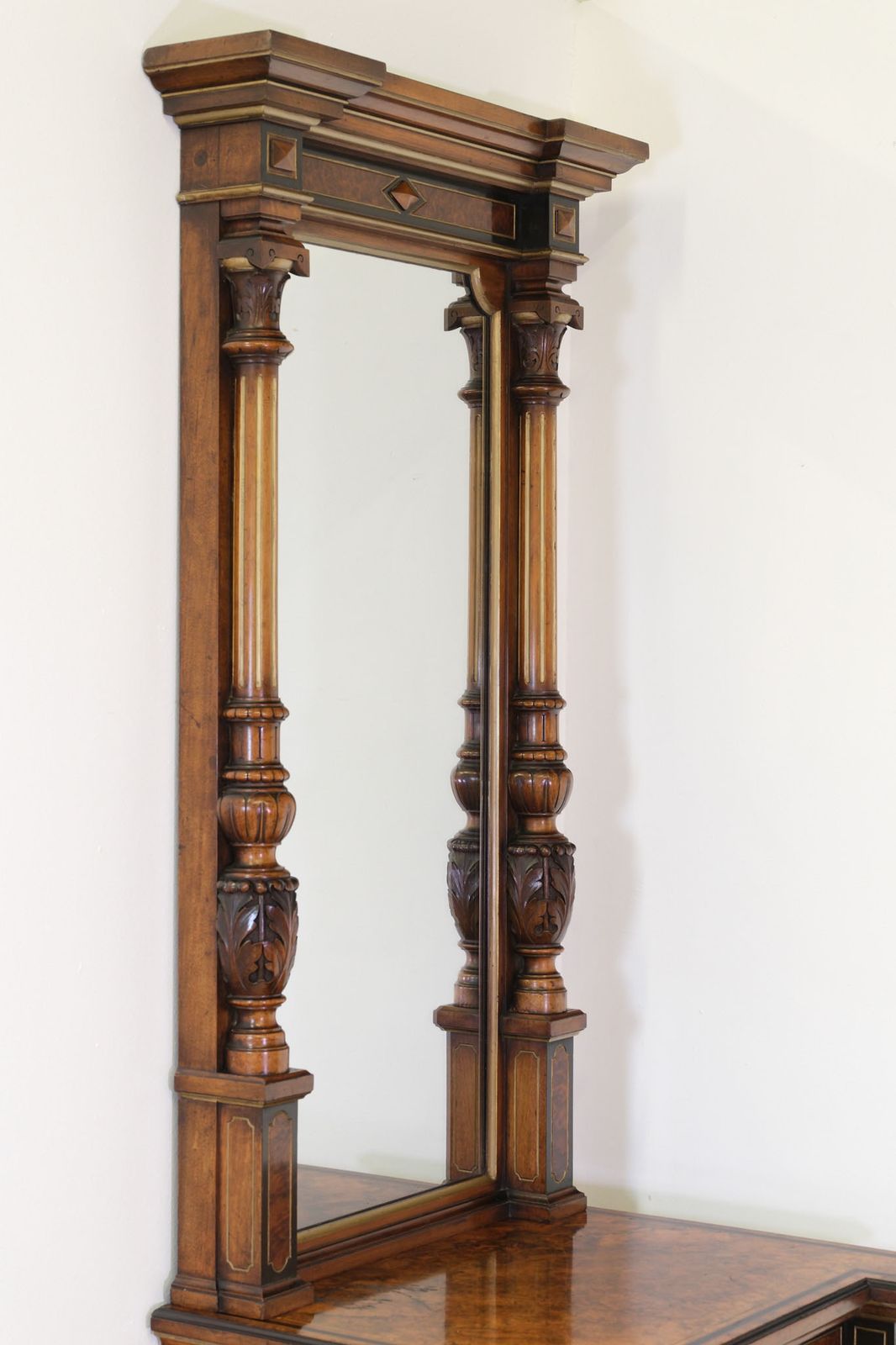 photo furniture Pair Of Gillows Burr Walnut, Amboyna & Parcel Gilt Cabinets With Mirrors