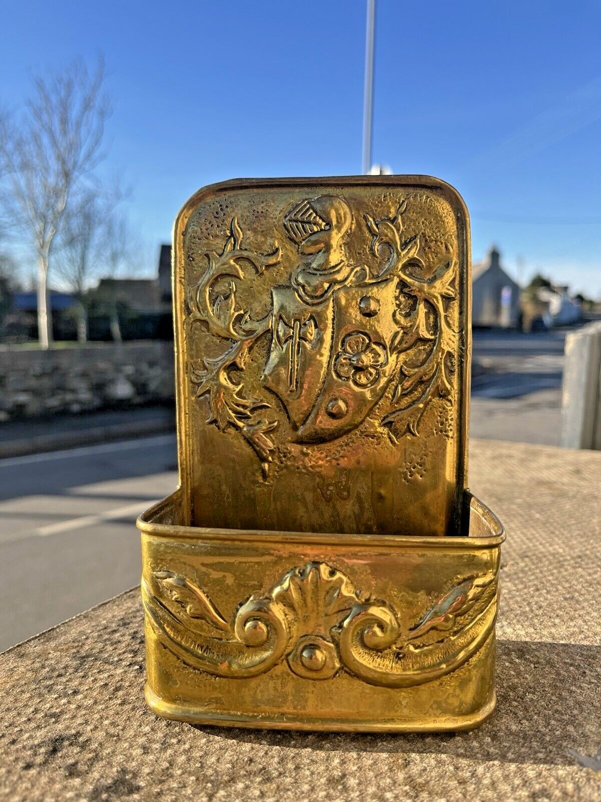 Antique French 19th Century Brass Fireside Candle Box Armour Knight Shield Axe photo furniture