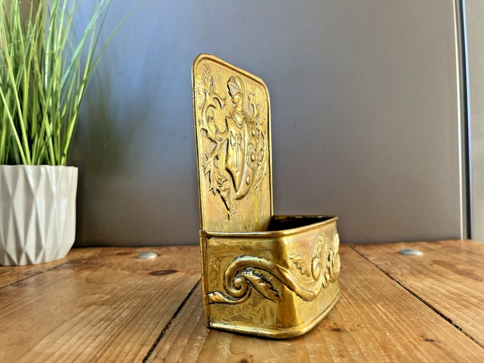 Antique French 19th Century Brass Fireside Candle Box Armour Knight Shield Axe photo Home Decor